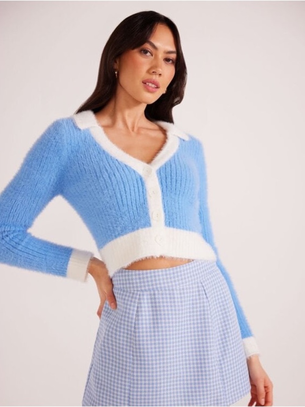 MinkPink French Terry Crossbody Cardigan Color Block Blue & Cream Size Large NWT